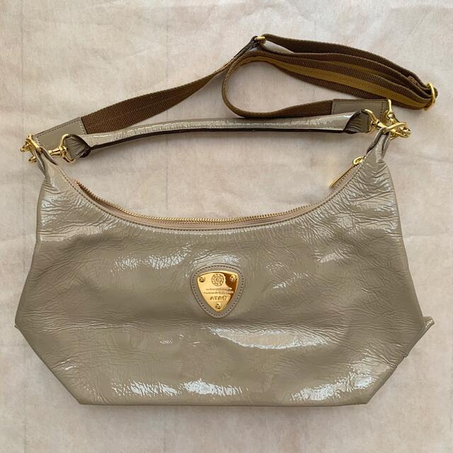 美品】アタオ ミント エナメル加工 ハンドバッグ グレージュ ゴールド金具-