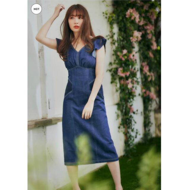 Ruffled Shoulder Denim Midi Dress デニムワンピ