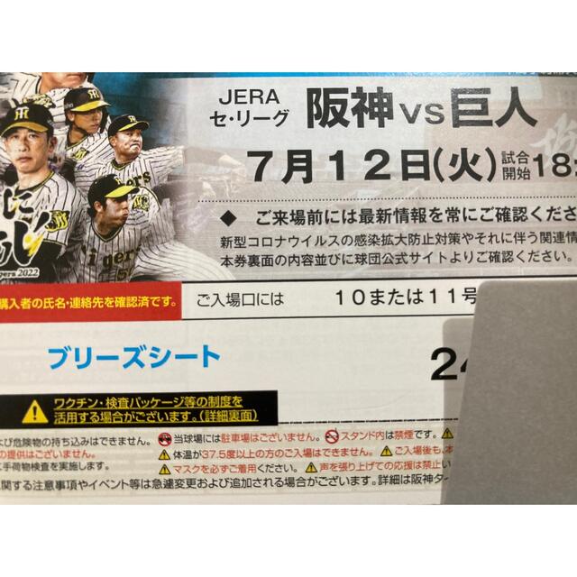 阪神タイガース(ハンシンタイガース)のウル虎の夏ジャージ付き：7/12(火）阪神-巨人ブリーズシート通路横ペア チケットのスポーツ(野球)の商品写真