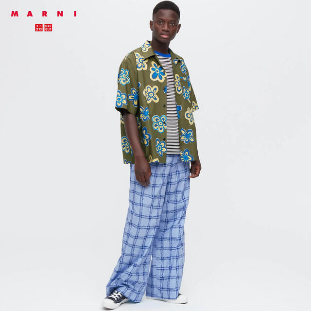 UNIQLO MARNI イージーワイドフィットパンツ ブルー チェック 2