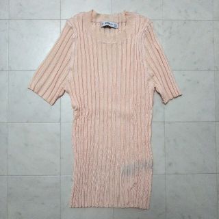 ザラ(ZARA)の美品【ZARA】半袖 ニット トップス M リブ 丸首 レディース ベージュ(ニット/セーター)