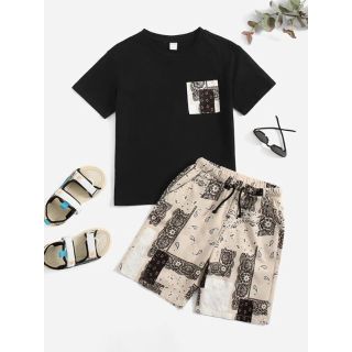 エイチアンドエム(H&M)の【新品未使用】160　黒ペイズリー柄Tシャツ＆ショートパンツ セット(パンツ/スパッツ)