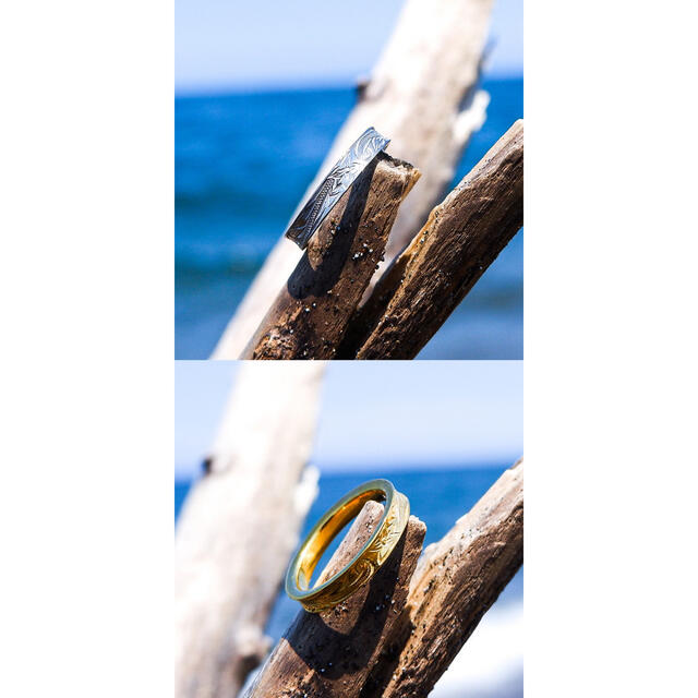 ハワイアンジュエリー リング 細め プルメリア スクロール ふち反りデザイン レディースのアクセサリー(リング(指輪))の商品写真