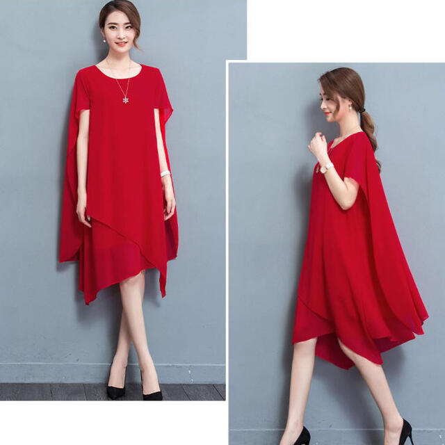新品 パーティドレス 結婚式 体型カバー ワンピース  大きいサイズ 2XL 赤 レディースのフォーマル/ドレス(ミディアムドレス)の商品写真