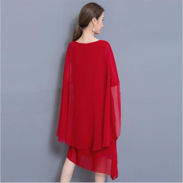 新品 パーティドレス 結婚式 体型カバー ワンピース  大きいサイズ 2XL 赤 レディースのフォーマル/ドレス(ミディアムドレス)の商品写真