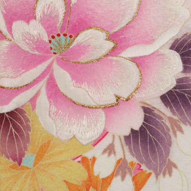 【新品】振袖*長尺♪京友禅 桜牡丹ダリア花模様 白 前撮り成人式に♪4RS5