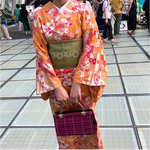 撫松庵 浴衣 単 着物 和服 オレンジ 桜 流れ雲 牡丹 祭 花火 盆踊り