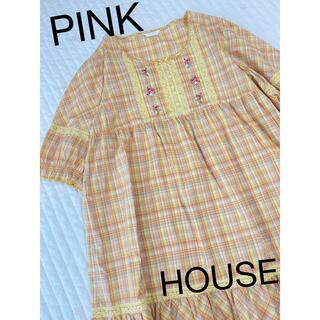 ピンクハウス(PINK HOUSE)のピンクハウス　チェック　チュニック　綿ローン　薔薇　花　刺繍(チュニック)