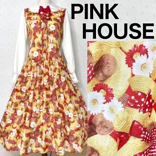 ピンクハウス(PINK HOUSE)のピンクハウス　ワンピース  麦わら帽子　赤　イエロー　花柄　ひまわり(ロングワンピース/マキシワンピース)