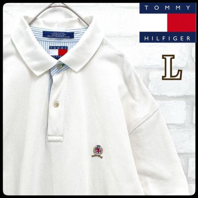 【旧タグ】トミーヒルフィガー ポロシャツ ホワイト Ｌ ワンポイント 刺繍