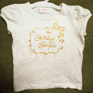 シャーリーテンプル(Shirley Temple)のシャーリーテンプル半袖カットソー100cmリボン白ベージュ金刺繍ラメ女の子キッズ(Tシャツ/カットソー)