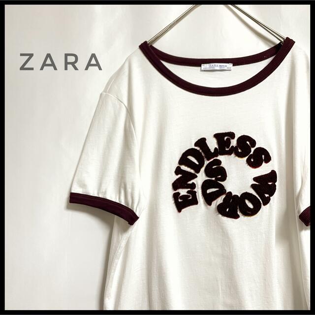 ZARA(ザラ)のZARA ワッペン　リンガーシャツ　半袖Tシャツ　サークルロゴ　バーガンディー レディースのトップス(Tシャツ(半袖/袖なし))の商品写真