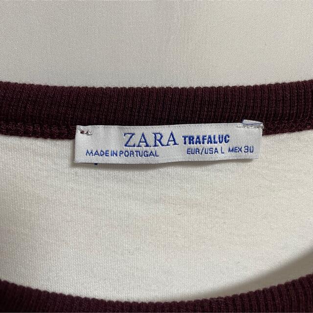 ZARA(ザラ)のZARA ワッペン　リンガーシャツ　半袖Tシャツ　サークルロゴ　バーガンディー レディースのトップス(Tシャツ(半袖/袖なし))の商品写真