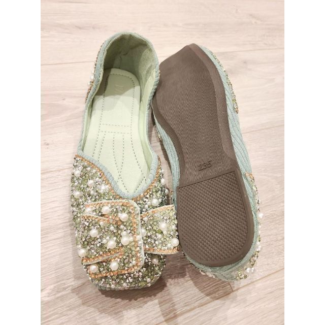 韓国服 パンプス リボン ビジュー フラットシューズ マタニティ ローヒール レディースの靴/シューズ(バレエシューズ)の商品写真