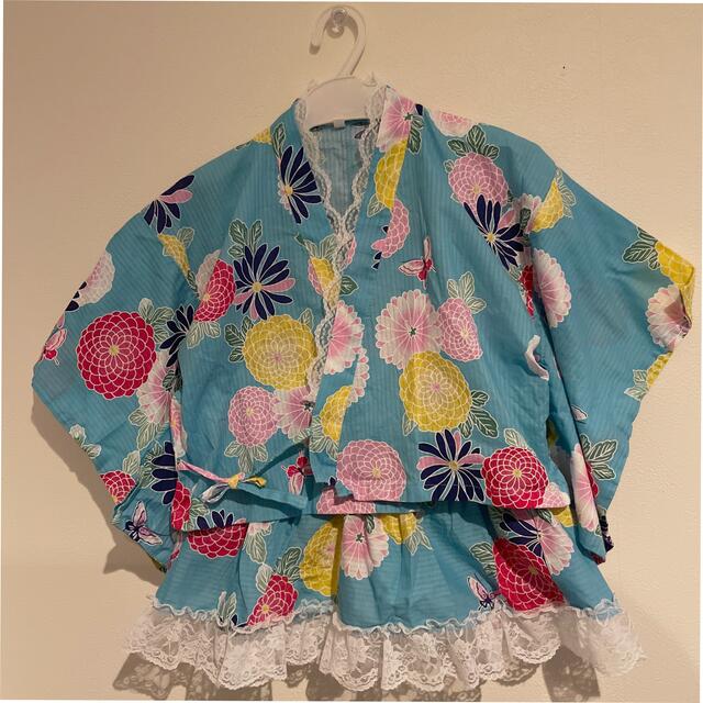 水色の花と蝶々　レース付きセパレート甚平110 キッズ/ベビー/マタニティのキッズ服女の子用(90cm~)(甚平/浴衣)の商品写真