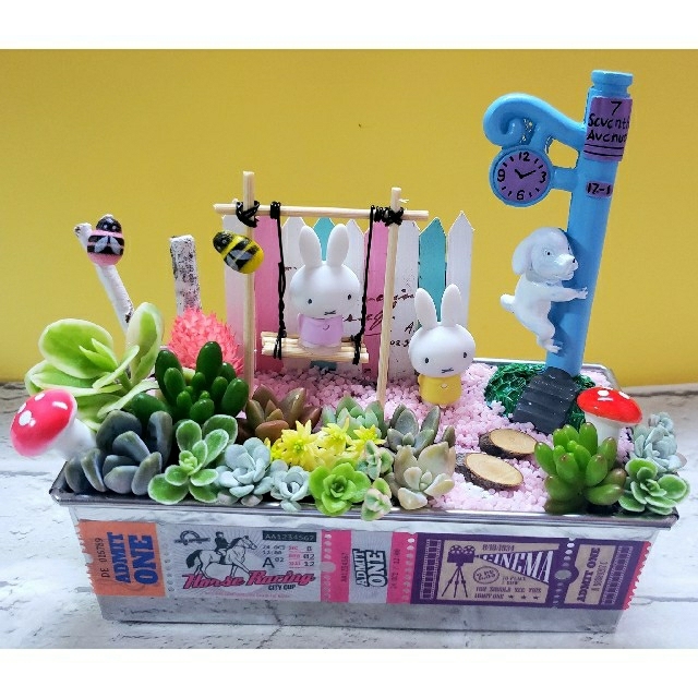 多肉植物の寄せ植え⭐ミッフィーちゃんブランコ遊び⭐そのまま飾れる 多肉植物の寄せ植え⭐ミッフィーちゃんブランコ遊び⭐そのまま飾れる
