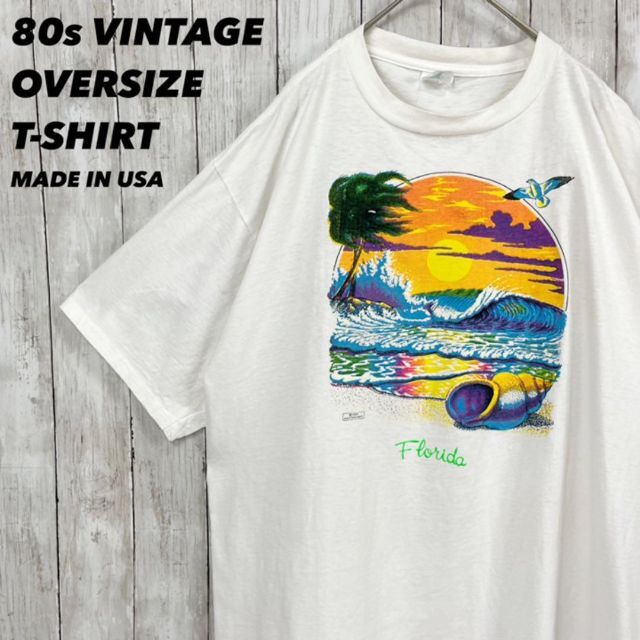 80sヴィンテージUSA製ALOREゆるだぼオーバーサイズプリントTシャツ白XL