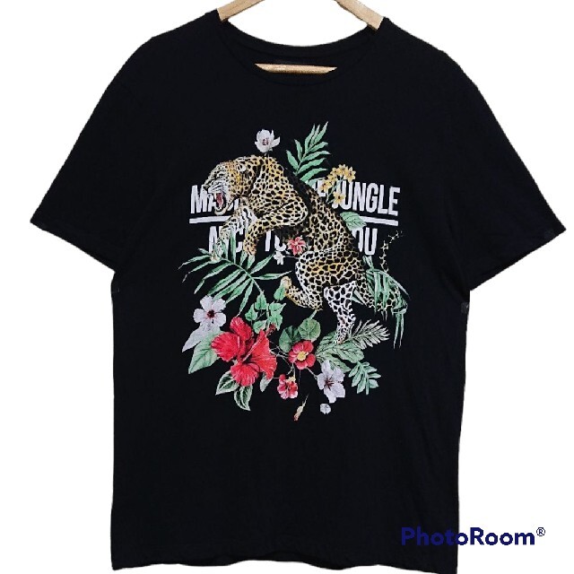 ZARA(ザラ)の☆状態良好☆ZARA ヒョウTシャツ 黒 L カジュアル アニマル 古着 豹柄 メンズのトップス(Tシャツ/カットソー(半袖/袖なし))の商品写真