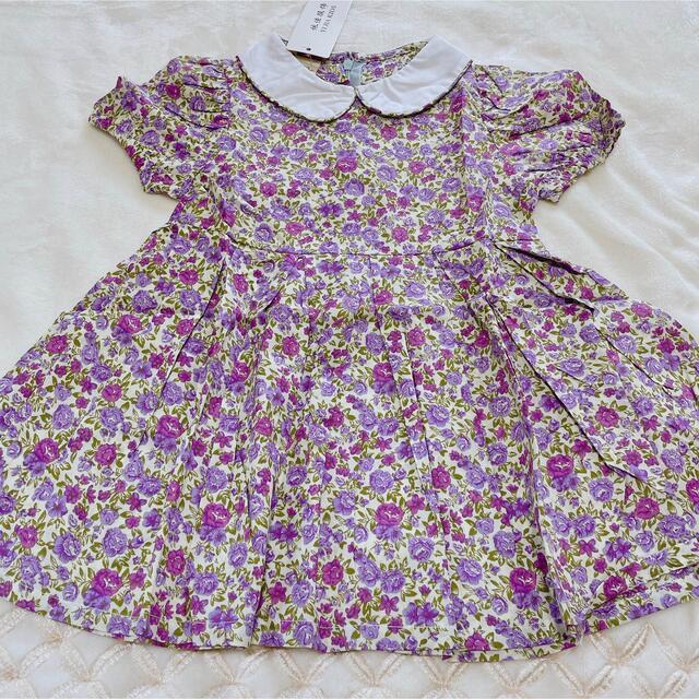 新品　紫　花柄　襟付き　ワンピース　100 キッズ/ベビー/マタニティのキッズ服女の子用(90cm~)(ワンピース)の商品写真