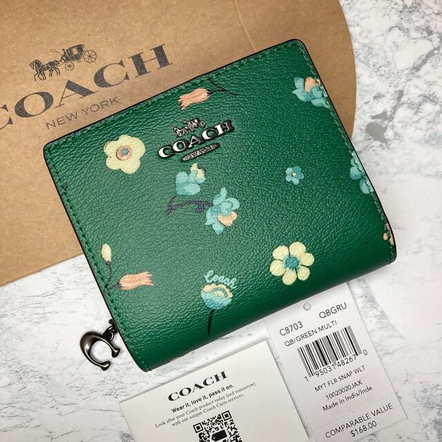 COACH 2022春夏新作 二つ折り財布 ミニ財布 花柄 グリーンマルチ誕生日