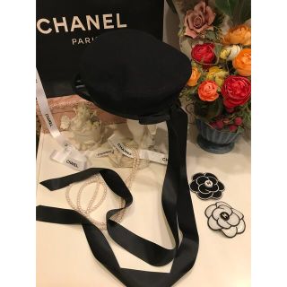 シャネル(CHANEL)の希少 CHANEL ハンブルグライン黒サテンロングリボン付 キャスケット18A(キャスケット)