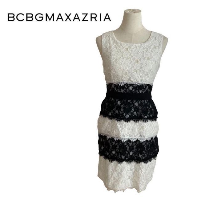 BCBGMAXAZRIA(ビーシービージーマックスアズリア)のBCBGMAXAZRIA ティアード レース ワンピース ドレス　白　黒　6 レディースのワンピース(ひざ丈ワンピース)の商品写真