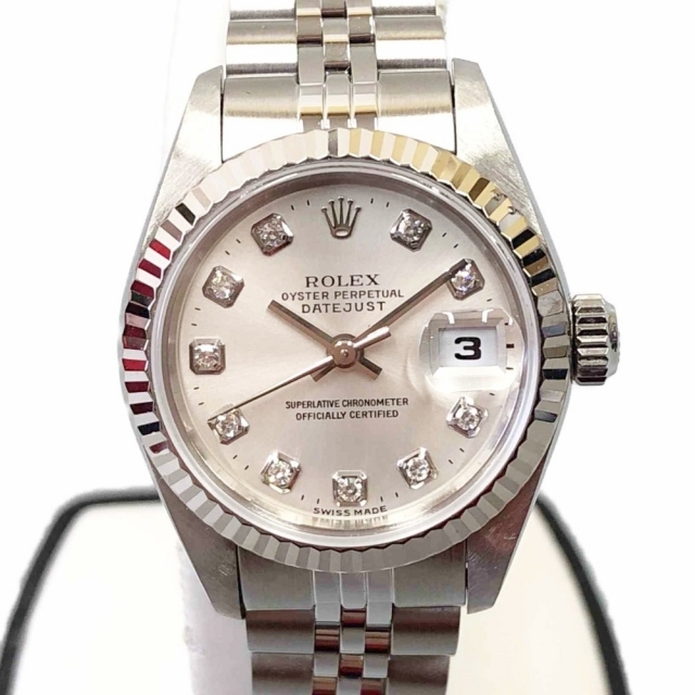 買いました 〇〇ROLEX ロレックス 腕時計 レディース デイトジャスト 箱・取説付 69174G 79174 シルバー 腕時計 ロレックス 79174G デイトジャスト F番 10Pダイヤ WGベゼル SS 自動巻き レディース 時計