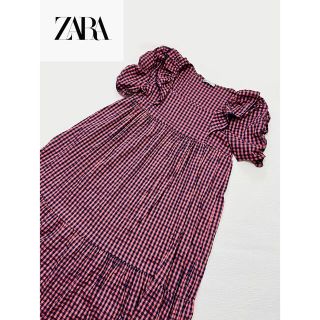 ザラ(ZARA)の【美品】ZARA ギンガムチェック スクエアロングフレアワンピース(ロングワンピース/マキシワンピース)