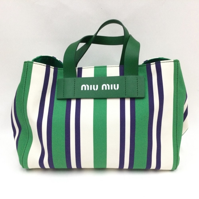 〇〇MIUMIU ミュウミュウ BORSA A MANO ストライプ キャンバス 2WAYバッグ トートバッグ 5BA111  グリーン