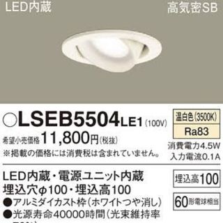 パナソニック(Panasonic)のPanasonic LSEB5504LE1 2灯(天井照明)