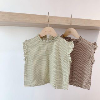 【80〜130】ノースリ袖フリルチェックトップス　ベビー 女の子(Tシャツ/カットソー)