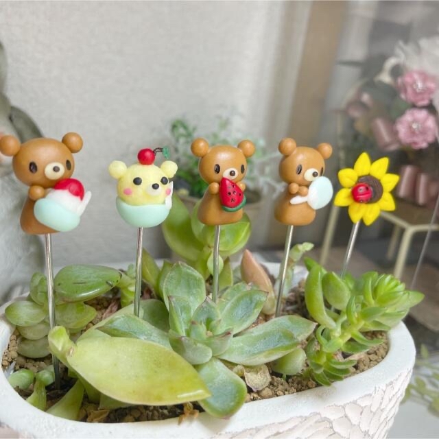 ハンドメイド　クマちゃんの夏休みピック　多肉植物