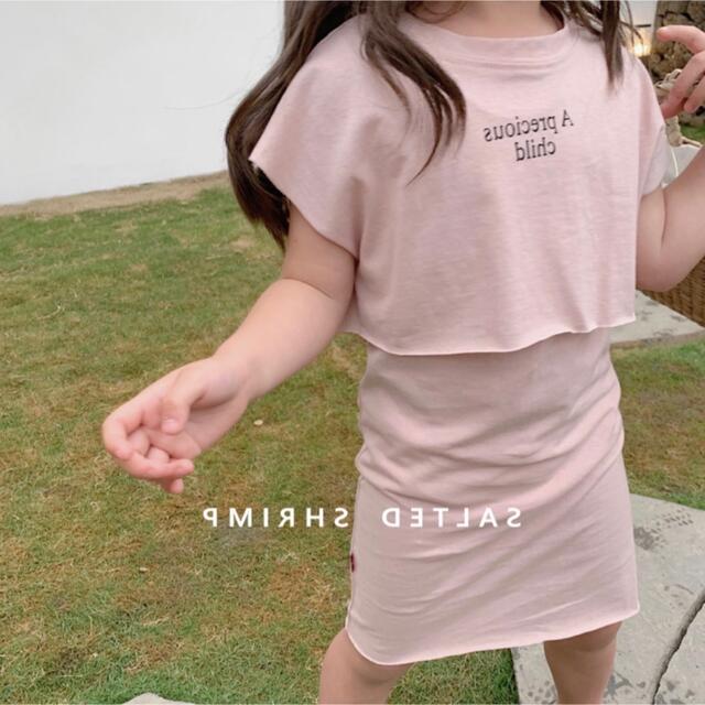 Tシャツ ワンピース 100 プリントロゴ 半袖 韓国子供服 ツーピース ピンク キッズ/ベビー/マタニティのキッズ服女の子用(90cm~)(ワンピース)の商品写真