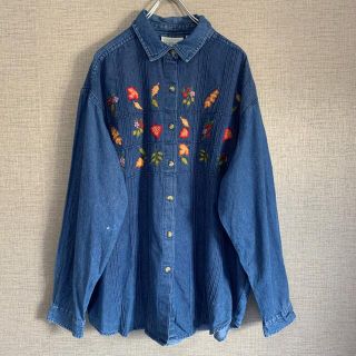 90s ビンテージ　アメリカ古着　刺繍　花　デニムシャツ　ビックサイズ　古着(シャツ/ブラウス(長袖/七分))