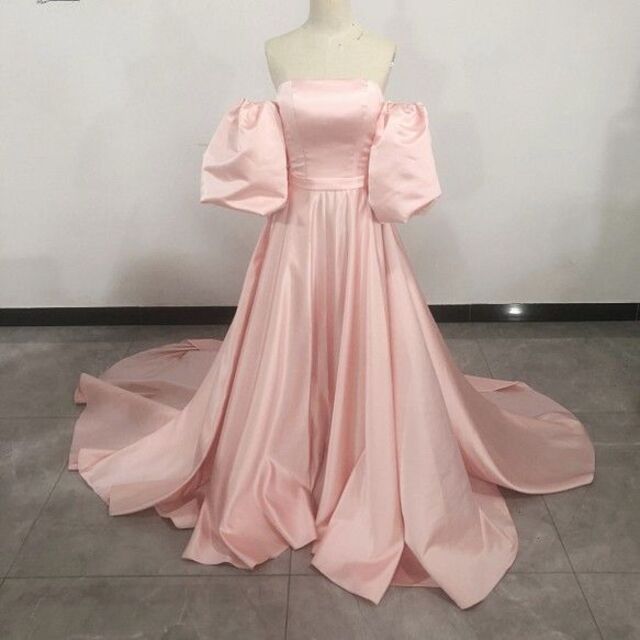 ライトピンク カラードレス 編み上げ 華やかなトレーン プリンセスライン /結婚フォーマル/ドレス