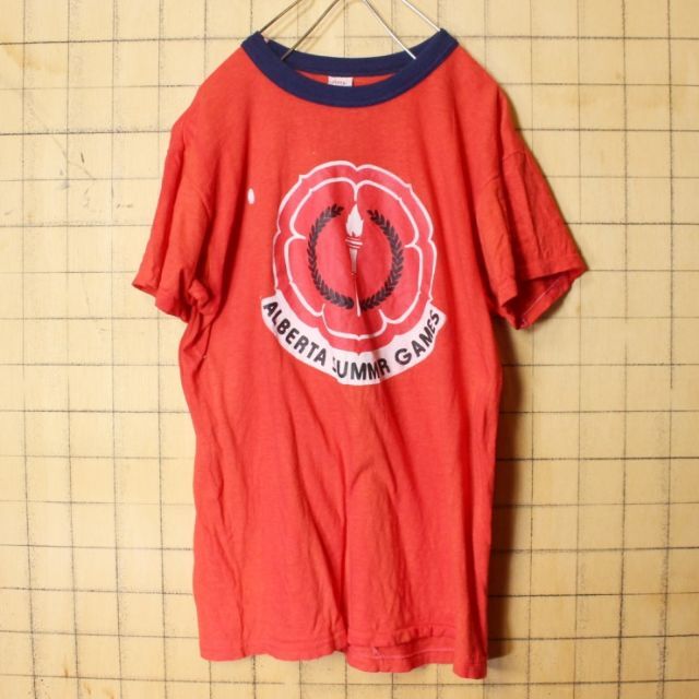 60s 70s 両面プリント Tシャツ レッド レディースL メンズS ss55