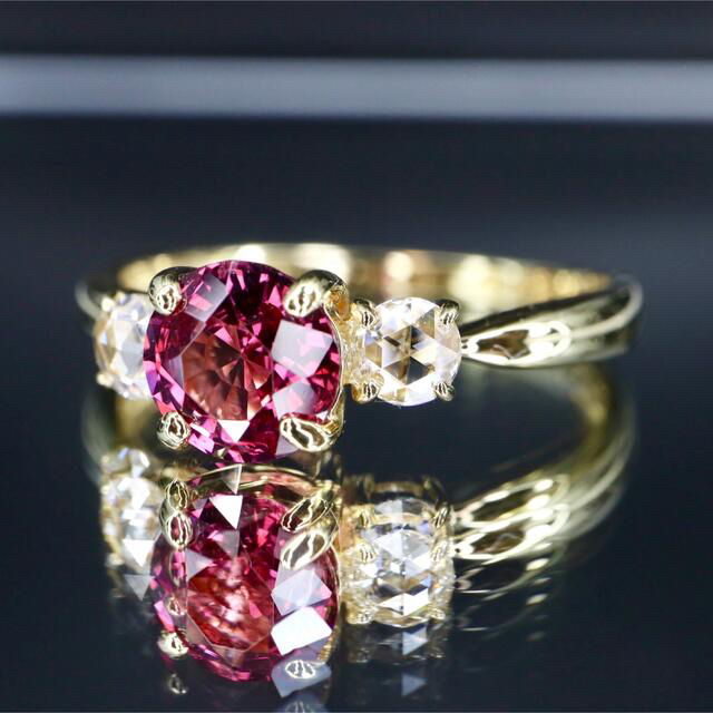 ビルマ産ホットピンクスピネルローズカットダイヤモンドリングK18 レディースのアクセサリー(リング(指輪))の商品写真