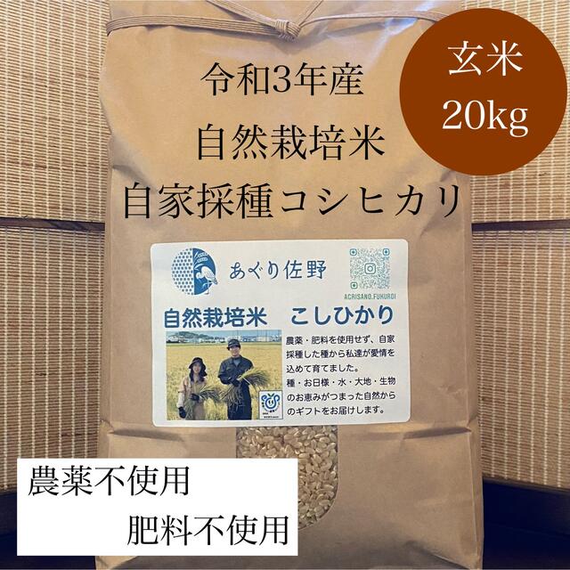 令和3年新米 自然栽培米 玄米20kg 農薬肥料不使用 コシヒカリ