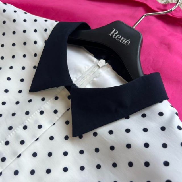 【10%OFF】ワンピース美品】Rene ドット柄ロングワンピース 襟 フレア ホワイト