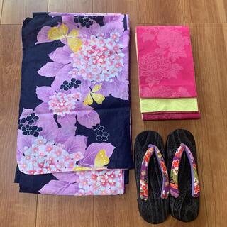 女性浴衣「紫陽花と蝶」帯　下駄　髪飾り　セット(浴衣)