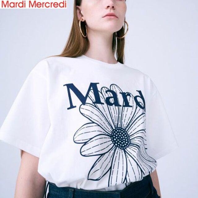 韓国ブランド TSHIRT FLOWERMARDI_IVORY NAVYTシャツフラワーTシャツ