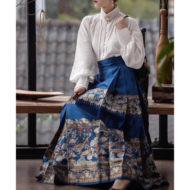 借花獻仏 馬面裙 青ロングスカート 明製漢服 織錦 西陣織 着物和服 成人式 袴