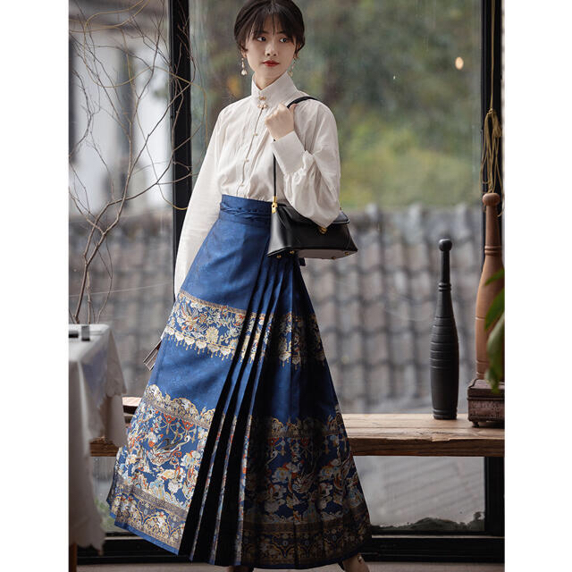 借花獻仏 馬面裙 青ロングスカート 明製漢服 織錦 西陣織 着物和服 成人式 袴