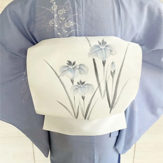 2セット以上購入で、おまけ1本 生紬 朝顔 名古屋帯 作家もの 夏帯