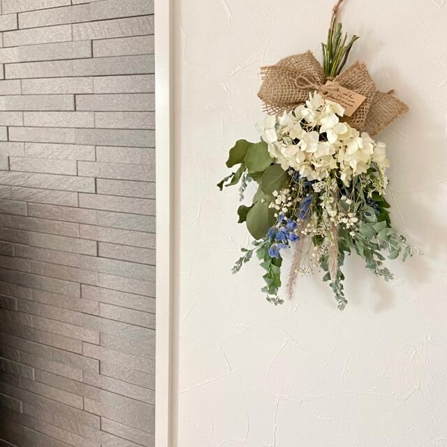 ドライフラワー スワッグ ホワイト紫陽花ブーケ ユーカリポポラス34cm ドライフラワー スワッグ ホワイト紫陽花ブーケ ユーカリポポラス34cm