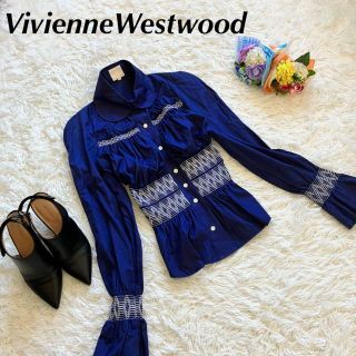 ヴィヴィアンウエストウッド(Vivienne Westwood)のレア！ヴィヴィアンウエストウッド　シャツ　ブラウス　ギャザー　刺繍　ブルー(シャツ/ブラウス(長袖/七分))