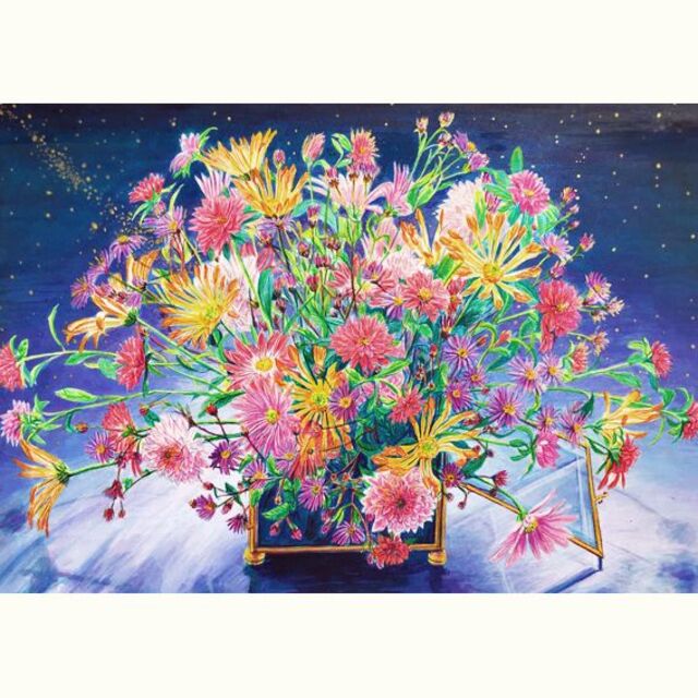 額付き☆花の絵 額装絵画 ロイヤルブルー 水彩画 アクリル画 カラフル