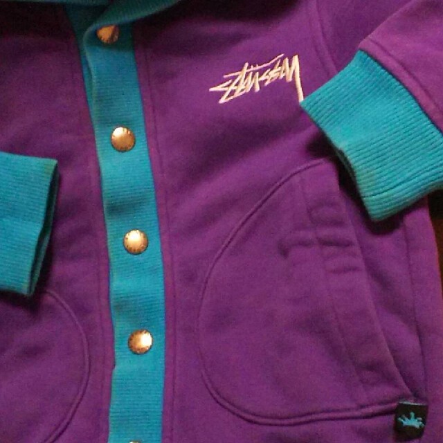 ステューシー紫ボタンナップパーカーSサイズ3T水色パープル白purple刺繍ロゴ