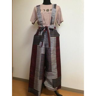 ワイドパンツ　着物リメイク　アンティーク　赤　紺　シルバー(その他)