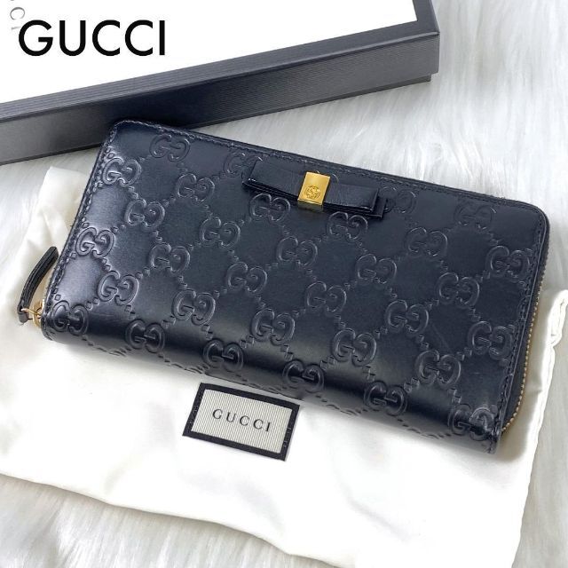 ☆美品☆GUCCI グッチ 長財布 シマ GG柄 レザーリボン ゴールドロゴ 黒